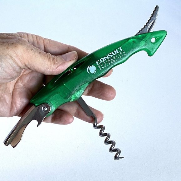 Consult Engineering Ad Green Plastic Stainless Bottle Opener Corkscrew Knife - Picture 2 of 13